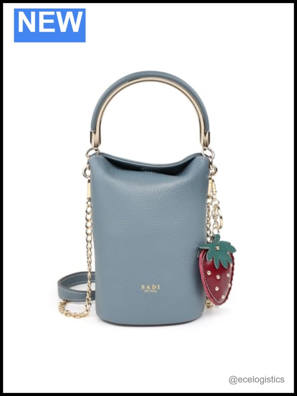 Genuine Leather Mini Bucket Handbag Crossbody with Strawberry Charm